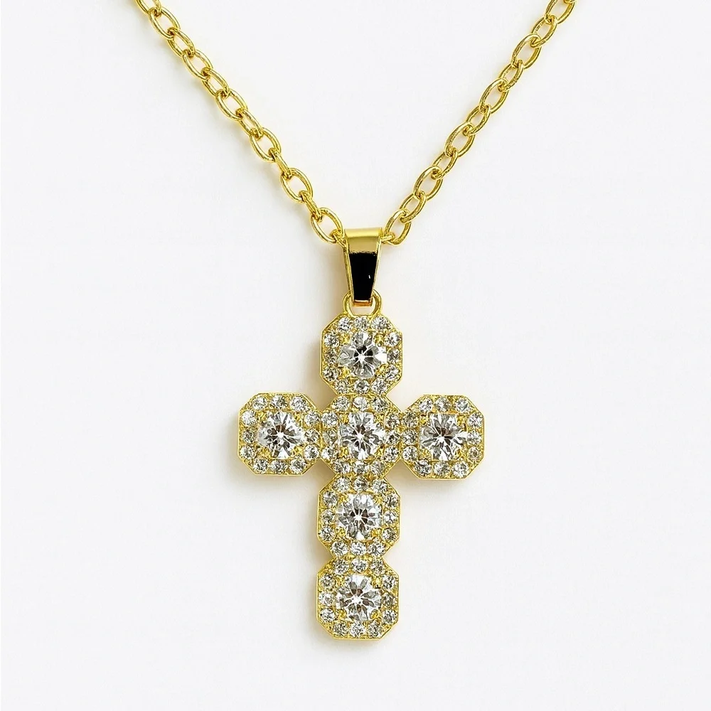 Zara Gold Cross Pendant Necklace with Clear Crystal Accents